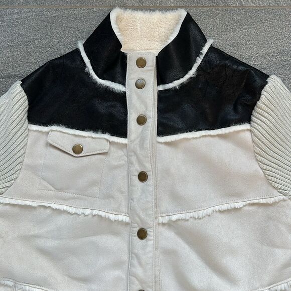 NWT Chaser Faux Suede Faux Fur Sweater Sleeve Snap Bomber Jacket w/ Pockets M - Picture 4 of 15